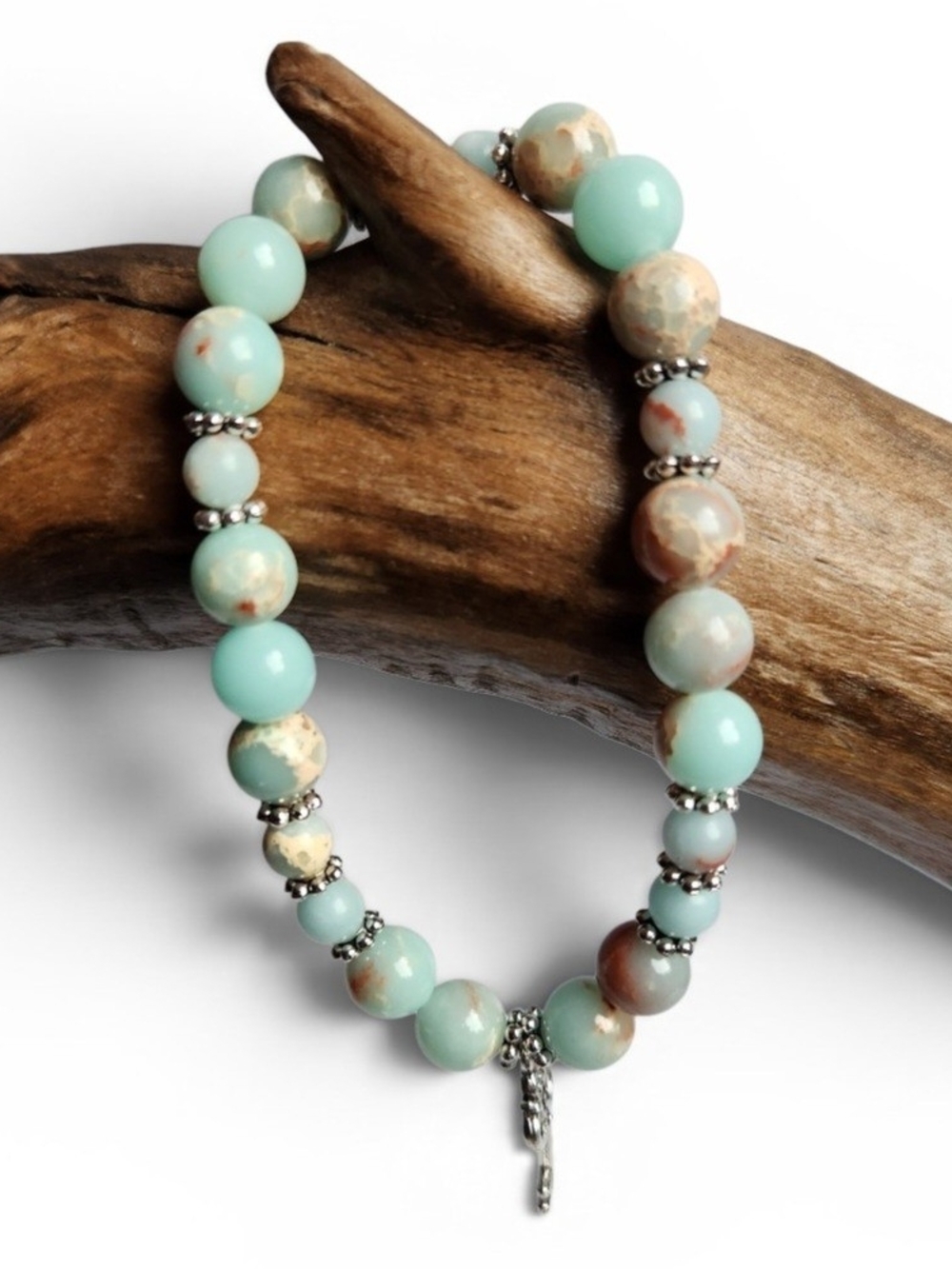 Natural Agalmatolite Beaded Stretch Bracelet With Key Charm
